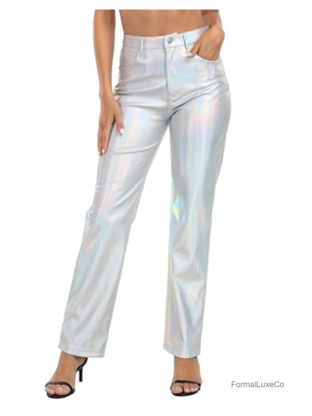 Faux Leather Metallic Straight Leg High Waist Pants Pockets